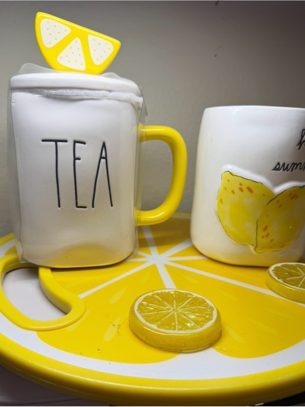 Rae Dunn HOT TEA Mug with Lemon Wedge Topper and summer mug .